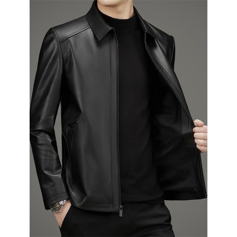 Men's Calfskin Leather Leather Jacket Spring and Autumn Middle-aged Business Casual Lapel Leather Jacket Jacket