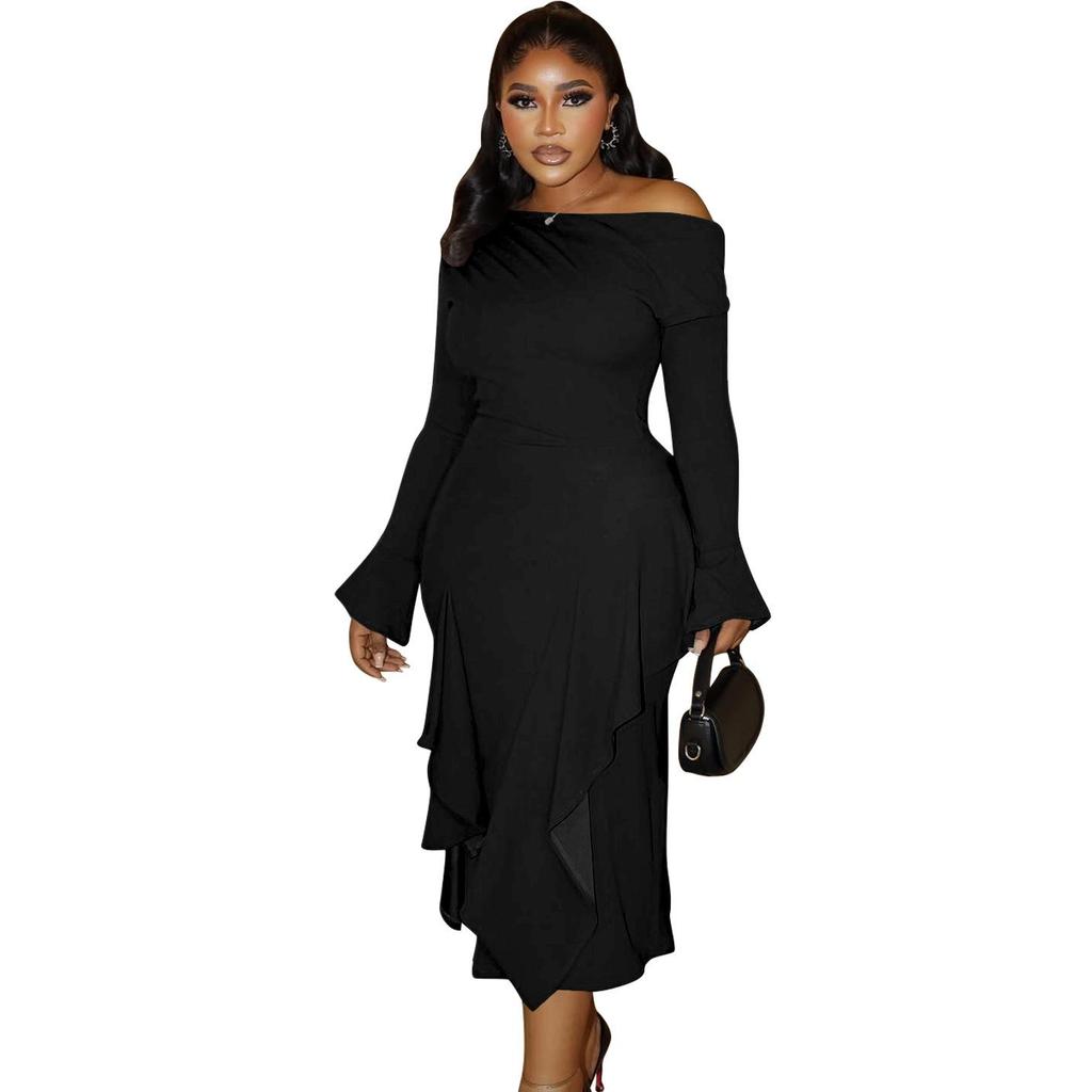 Elegant One-Shoulder Long-Sleeve High-Waisted Dress - 2025 European & African Style