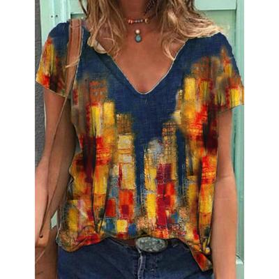 Mode Frühling Abstrakter Druck Blusen Kurzarm V-Ausschnitt T-Shirts Lässig
