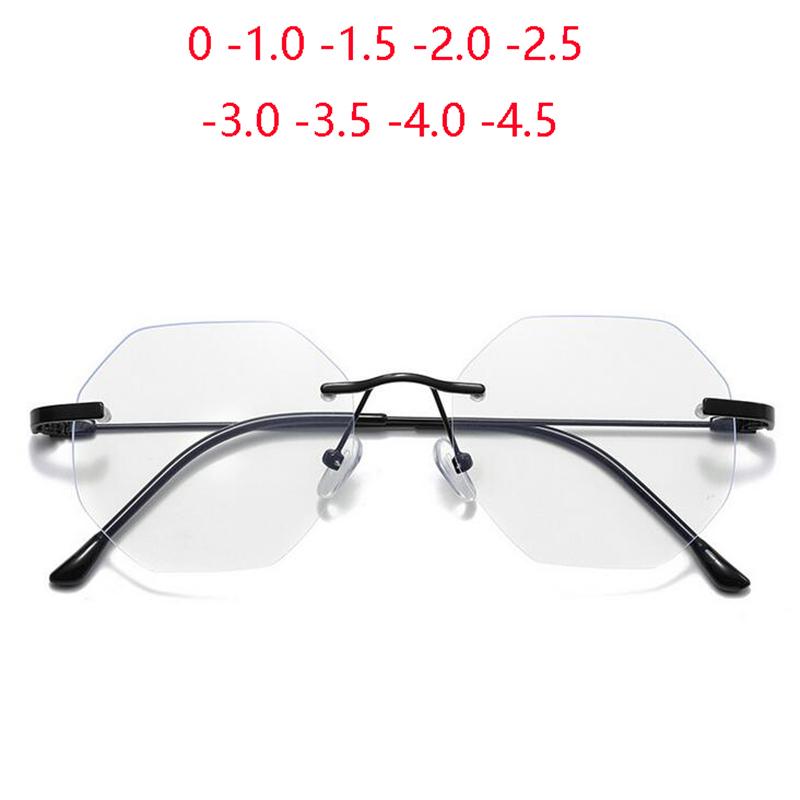 Rimless Blue Light Blocking Finished Myopia Glasses Women Metal Frameless Polygon Shortsighted Eyewear Diopter -1.0 -1.5 To -4.5