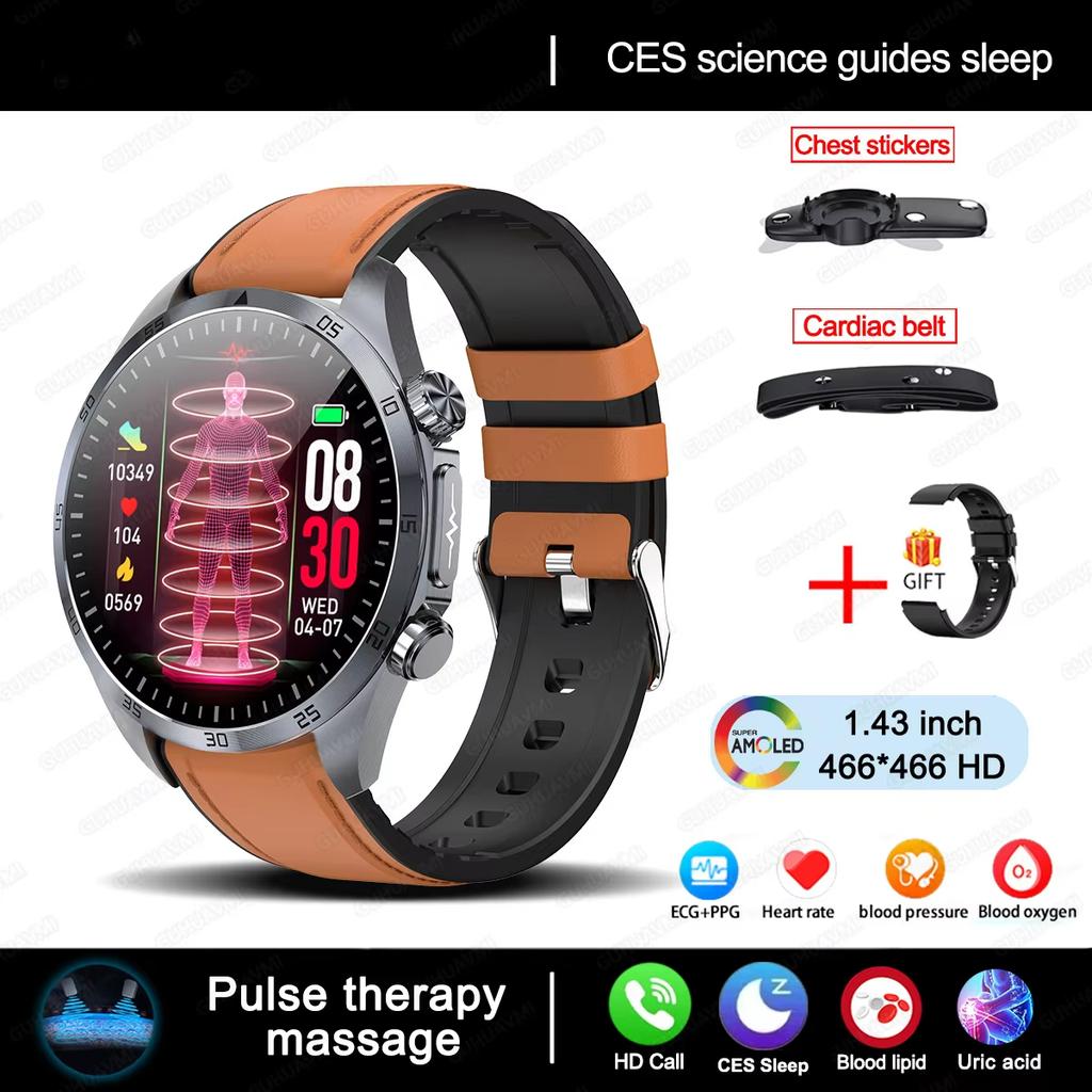 2025 NEW Pulse Therapy Smart Watch Sapphire Glass Screen ECG+PPG Blood Fats Uric Acid BT Call Sports Health Watches for Huawei