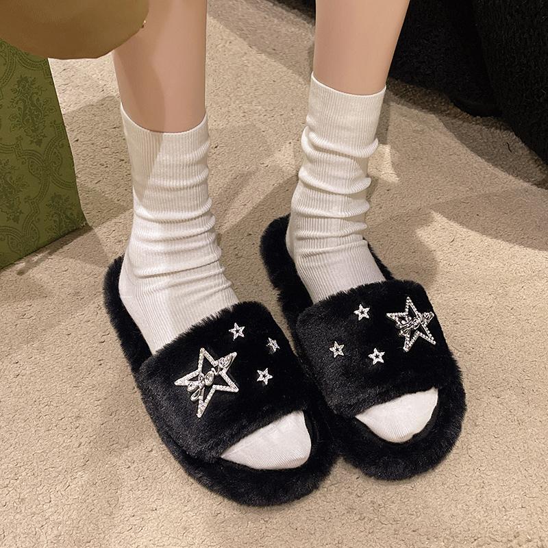Leisure Slippers Woman Casual Flat Low Heels Sweet Basic Shoes for Women Solid Pearl Fur Slip On Star Winter Slides Plus Size