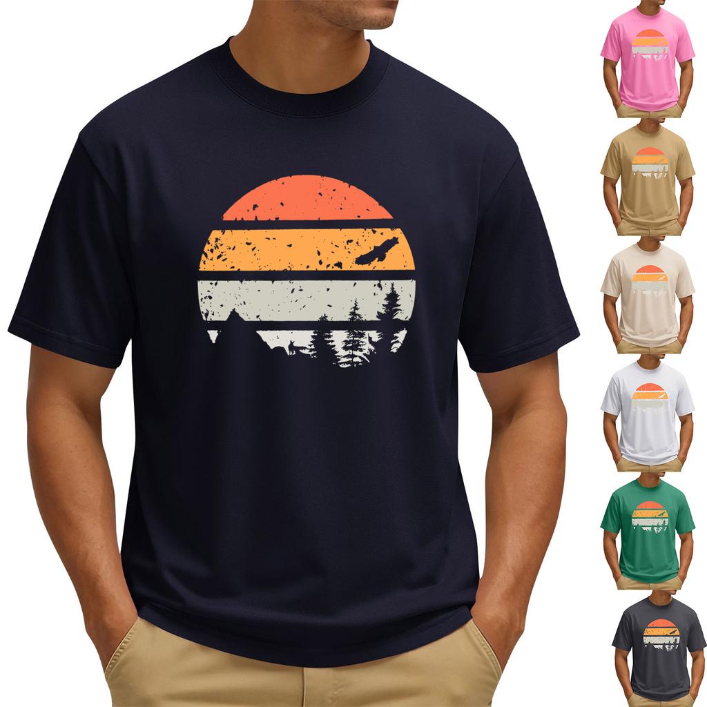 Men's Printed Round Neck T-Shirt Casual Sports Short-Sleeve Top
