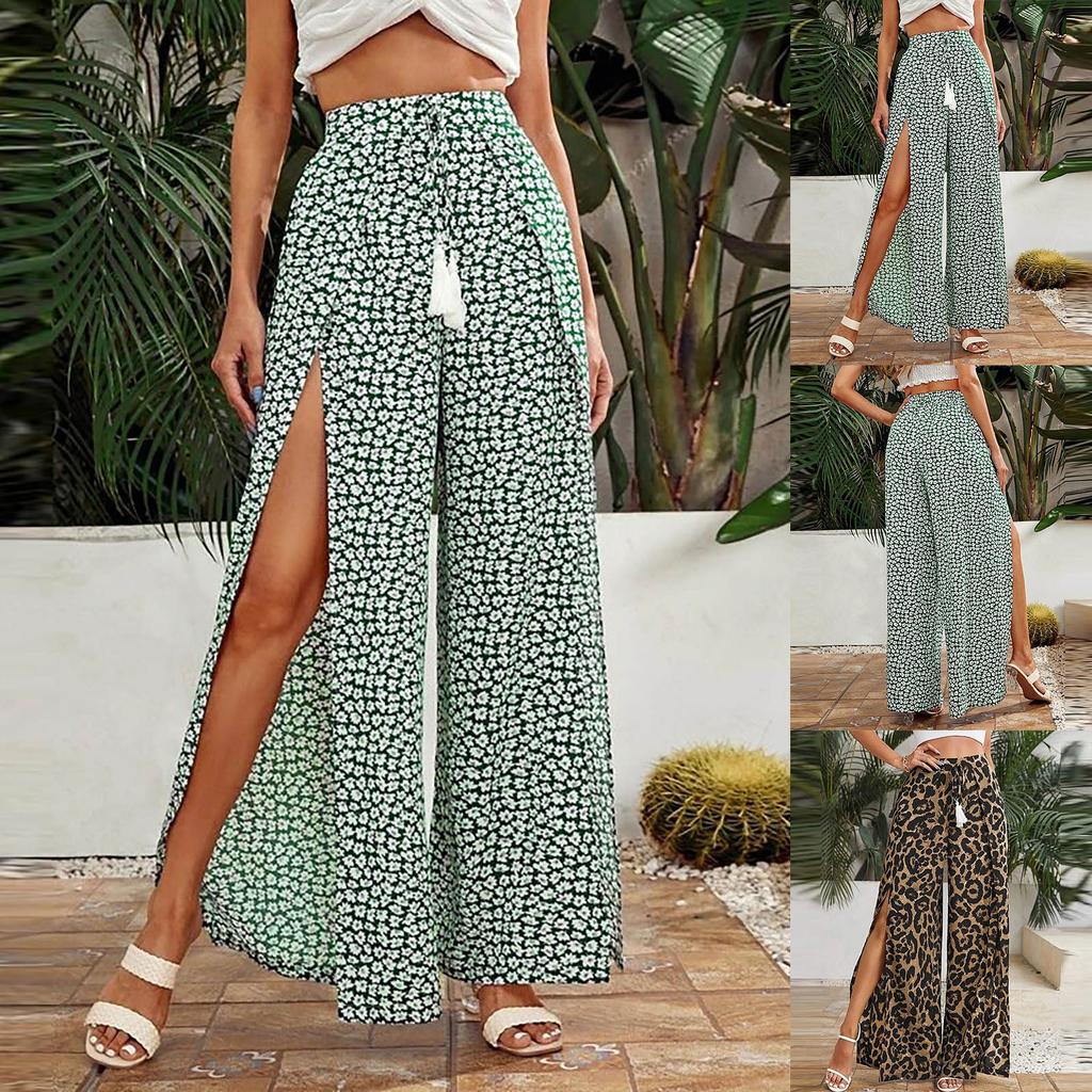 Fashion Women's Printed Casual  Wide Leg Pants Straight Leg Pants Slit Pants
