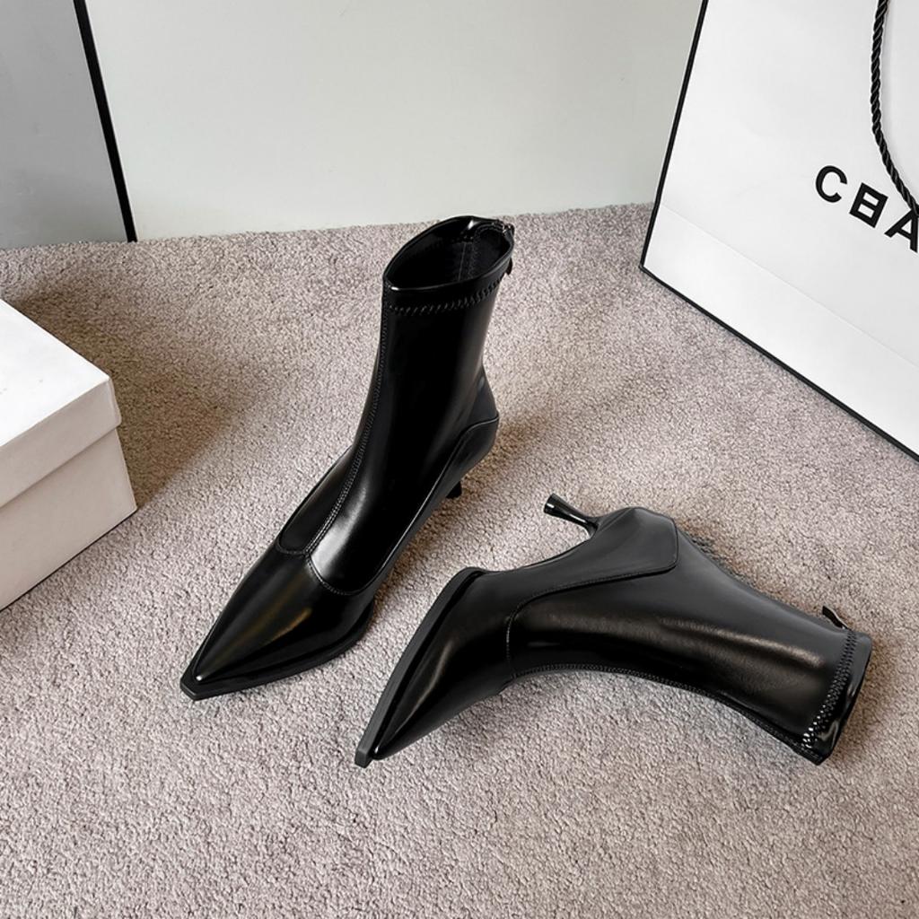 6cm High-heeled Short Boots Women's Pointed Ankle Boots French Retro Brown Short Boots