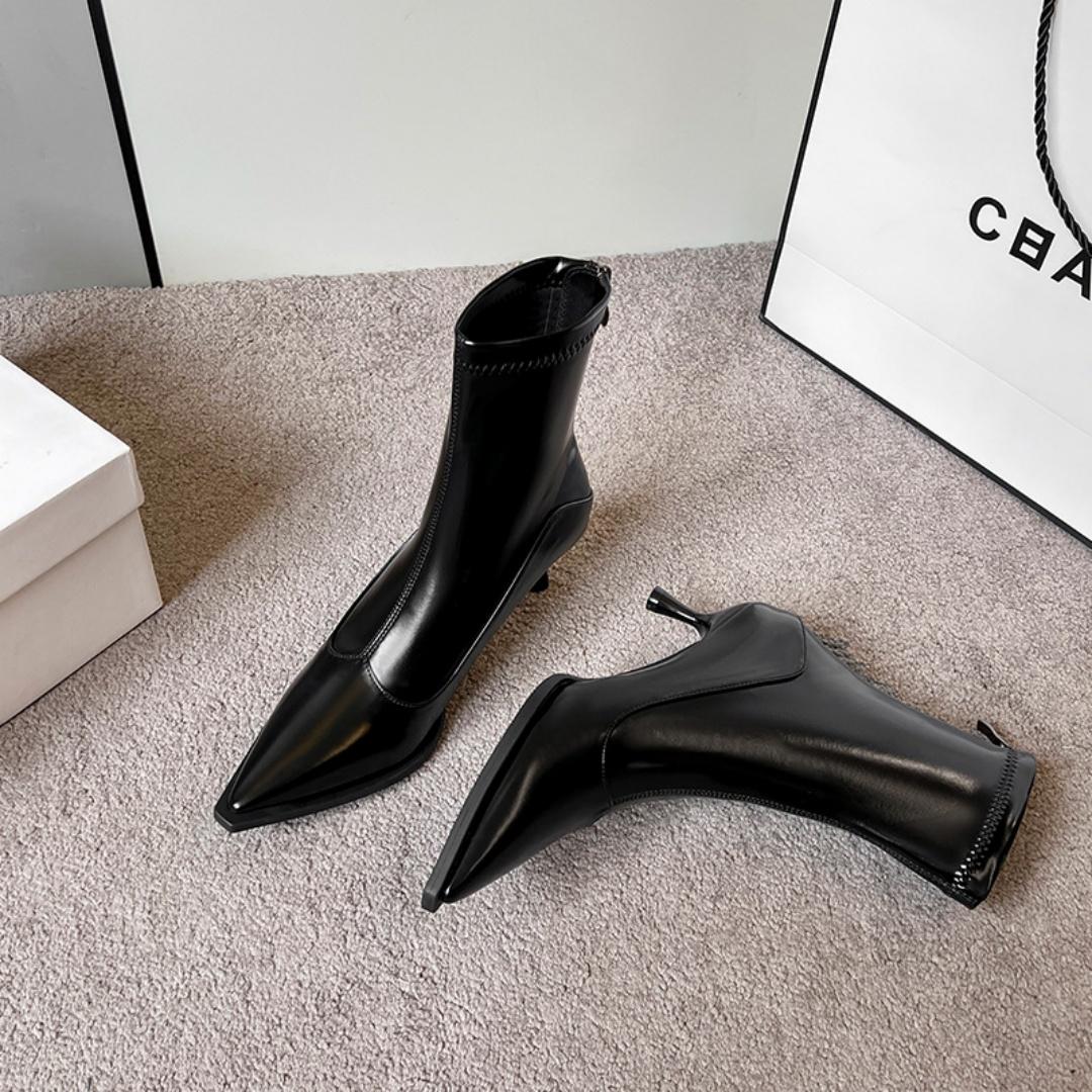 Женские ботильоны на высоком каблуке 6 см Ботильоны с острым носком Французские ретро Коричневые ботильоны 34 чёрный 5080₽