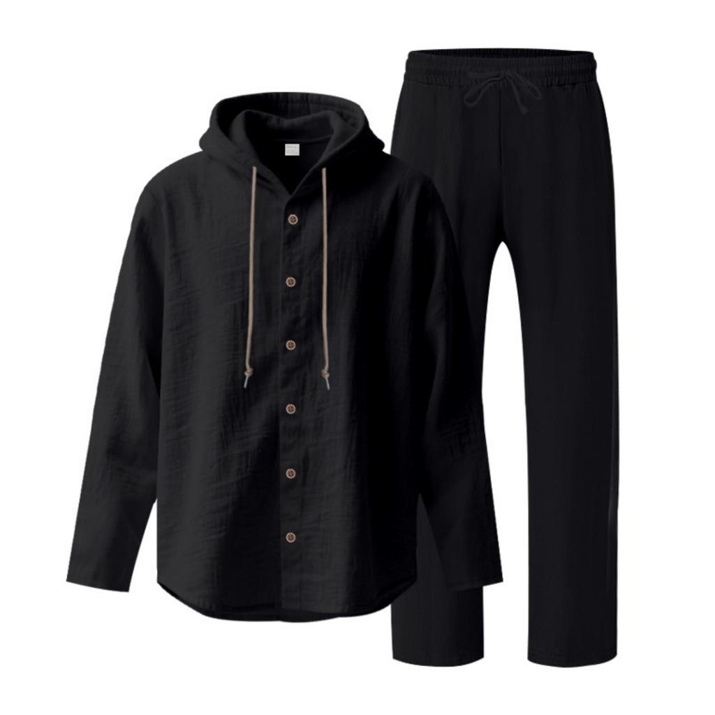 Men's 2,Piece Linen Hooded Shirt Set | Loose Fit Breathable Beach Casual Pants For Daily & Vacation Wear