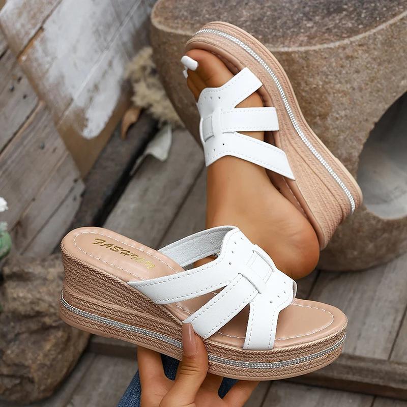 Fashion Thick Sole Wedge Sandals for Women PU Leather Woven Chunky Platform Slippers Woman Summer Thick Sole Beach Shoes Slides