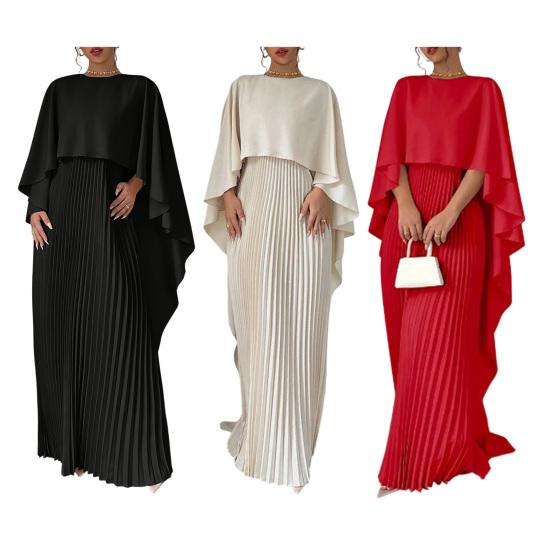 Women's Pleated Flowy Maxi Dress Split Cape Sleeve Formal Wedding Guest Dress Cocktail Evening Party Long Dress