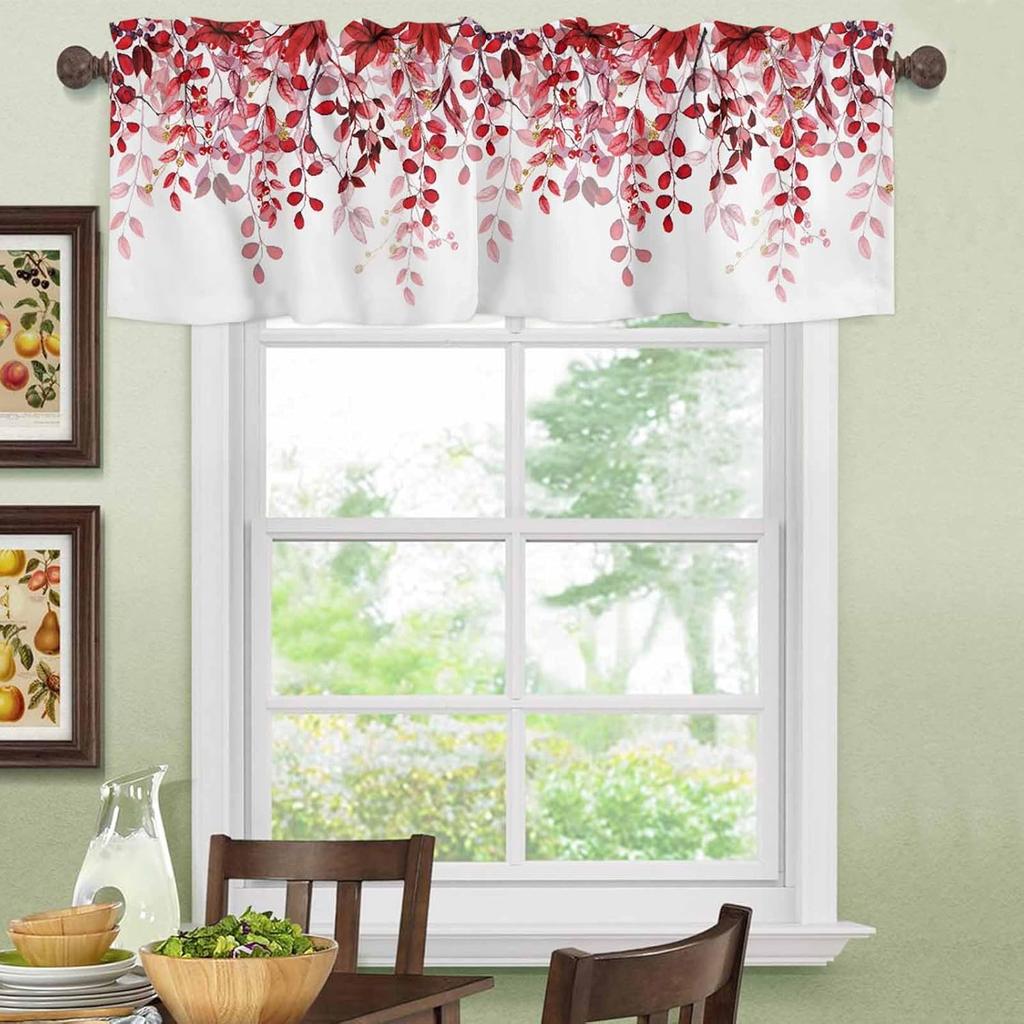 Sage Red Eucalyptus Leaves Valance Curtains for Windows, Watercolor Window Valance Curtains for Bathroom Privacy Protection Rod Pocket Botanical