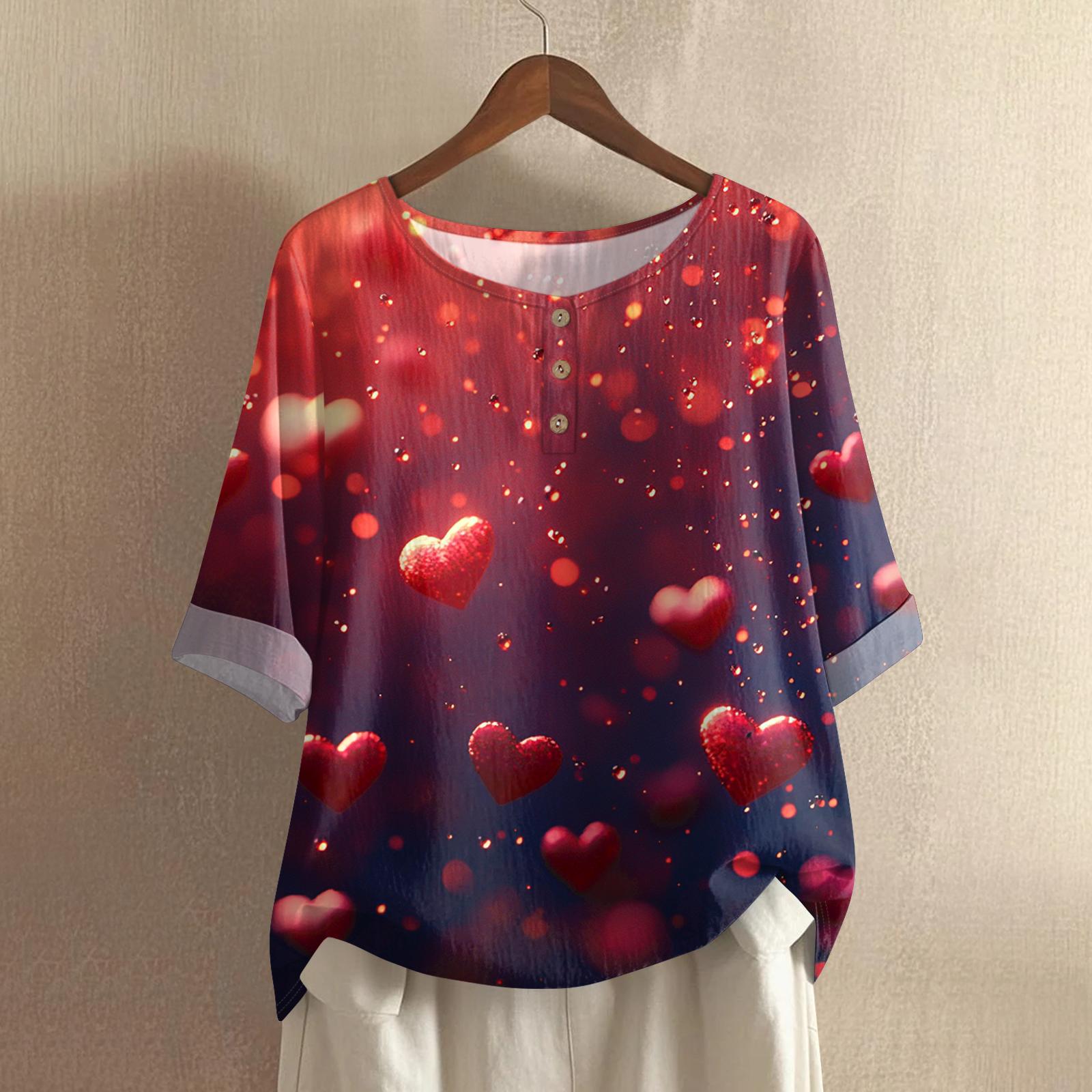 

Women s Valentine s Day Printed Casual Mid Sleeved Round Neck Cotton And Linen Top XL винний