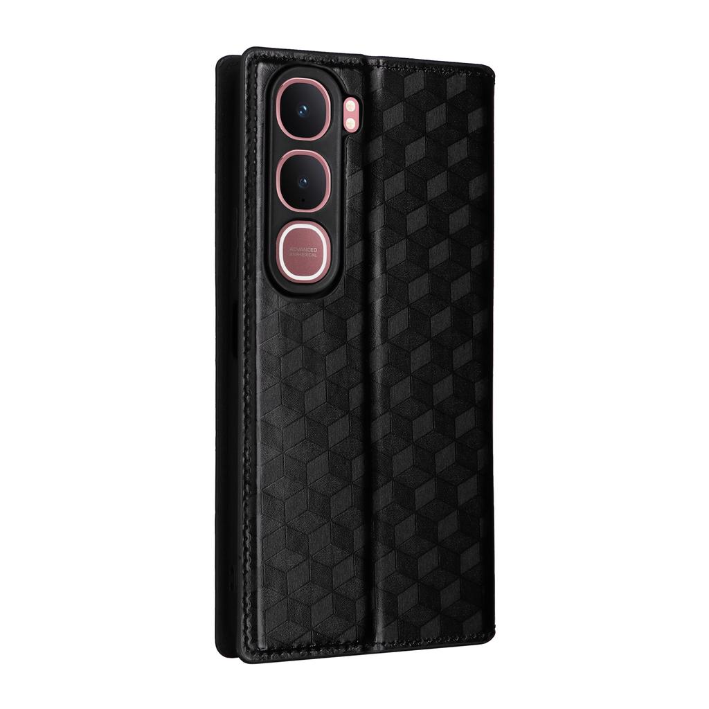 For Vivo Y31 5G/Y21d Case Wallet Rhombus Imprinted Leather Phone Cover -  Black