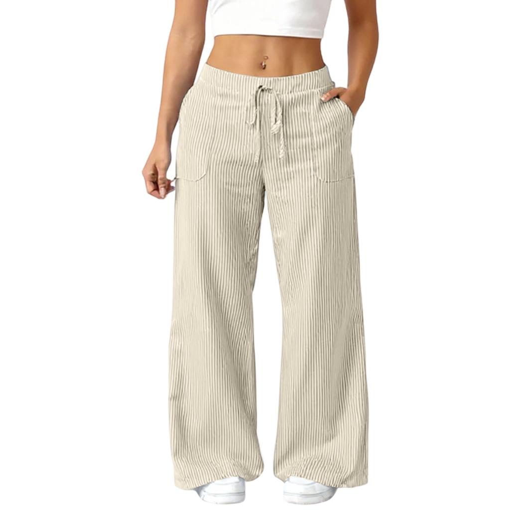 Damen Casual Mode Vielseitige Gestreifte Lockere Weitbein-Hose mit Kordelzug