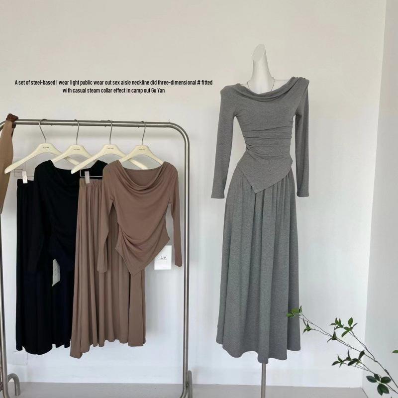 Women's Autumn Two-Piece Set: Irregular Off-Shoulder Long-Sleeve Top & High-Waisted Midi Skirt