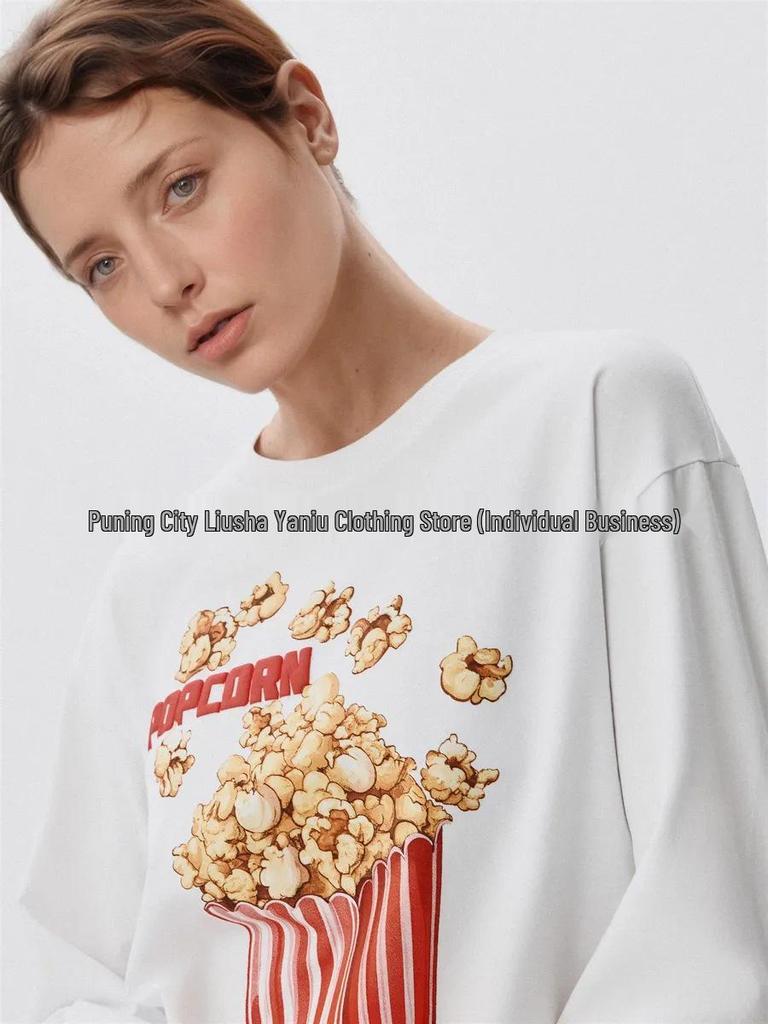 European American Style Popcorn Print 100% Cotton Long Sleeve Autumn Outerwear Top