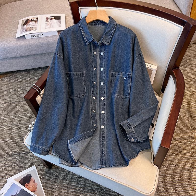 

Women s Plus Size Blue Denim Shirt Jacket - Oversized, Long Sleeve, Loose Fit, Versatile Layering Outerwear for Autumn. 4XL (recommended weight 75-90 kg) джинсовий синього кольору