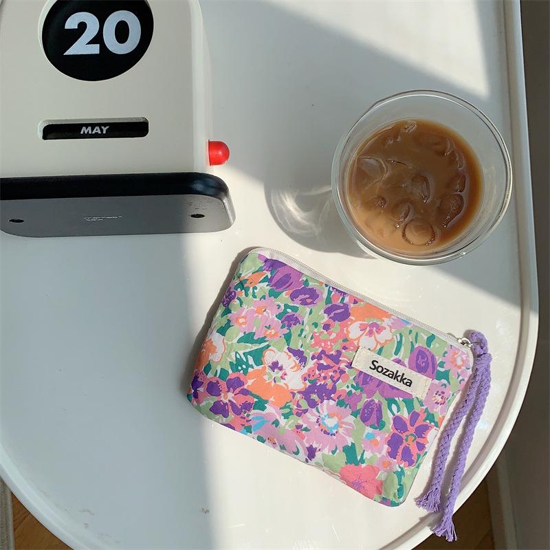 Trendy Street Style Cotton Makeup Bag Floral Design Soft Pouch Drawstring