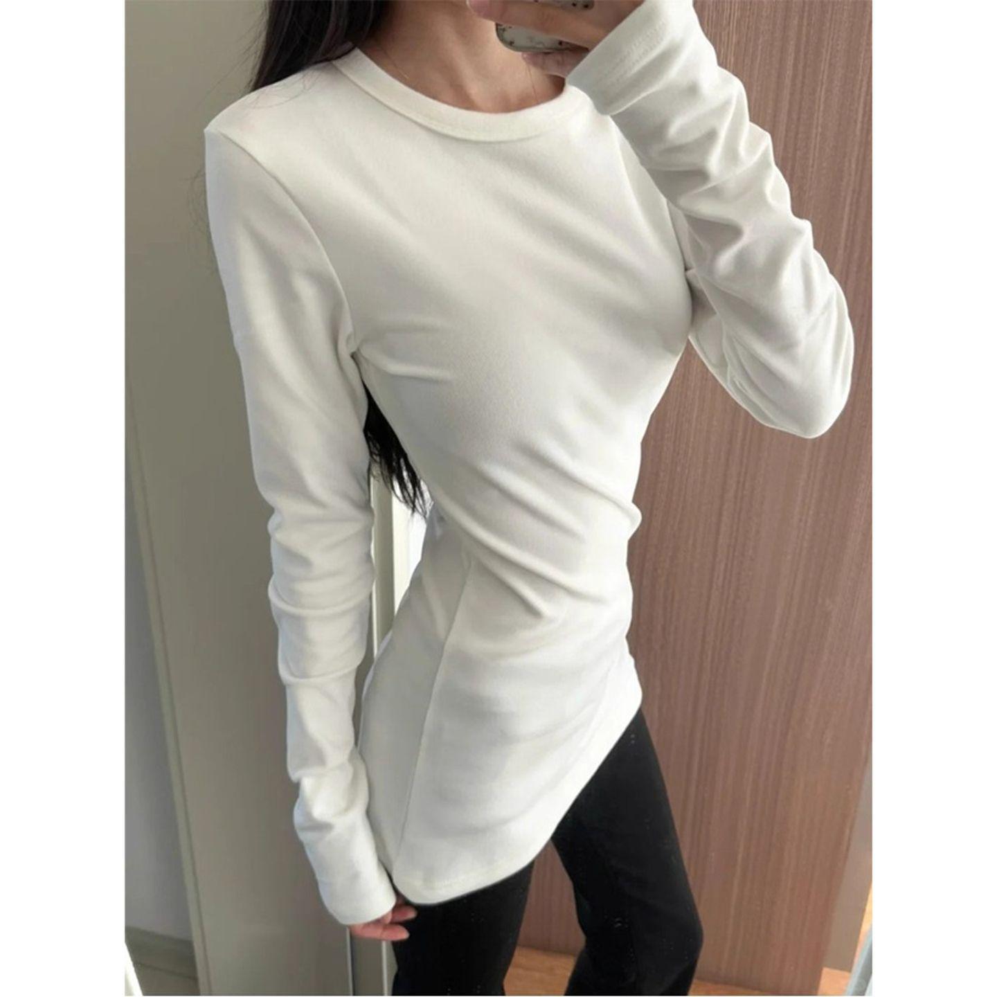 Women s Slim Fit Mid-Length White Base Shirt, Cinched Waist, Hip-Hugging, 2025 Spring/Autumn Style, Thin Fabric Large белый