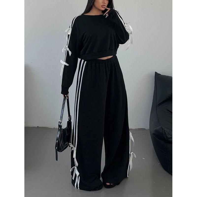 2025 Autumn New Independent Station Women clothes Bow Casual Long sleeve Top Loose Trousers Hoodie Two-Piece Suit