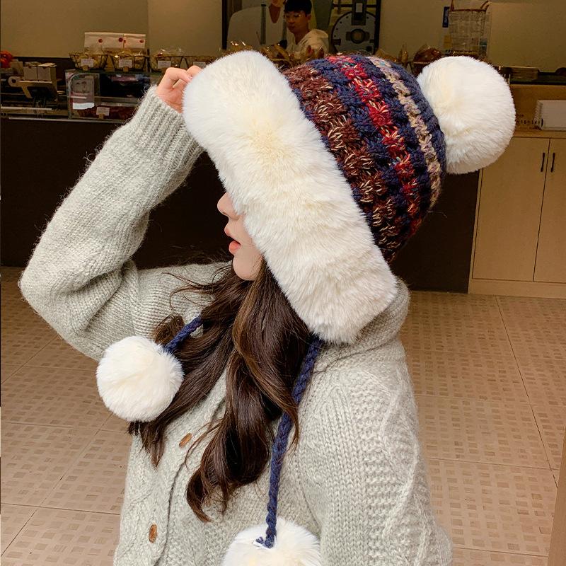 Women's Autumn and Winter Wool Knitted Hat Plush Thickened Warm Windproof Hat Northeast Cold Ear Protection Hat