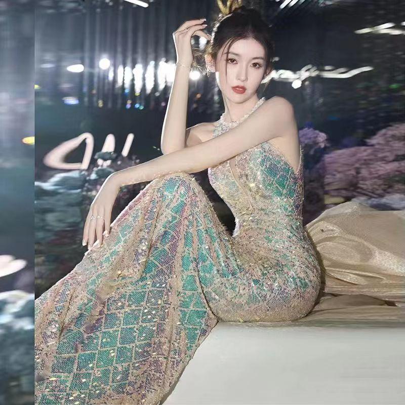 Fishtail Evening Dress 1011 New Temperament Long Light Luxury Niche Thin Neck Engagement Toast Banquet