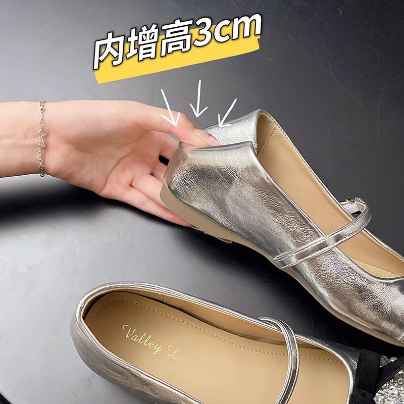 Silver single shoes women's summer new rhinestone retro shallow mouth flat bottom inner height increase Mary Jane small leather shoes
