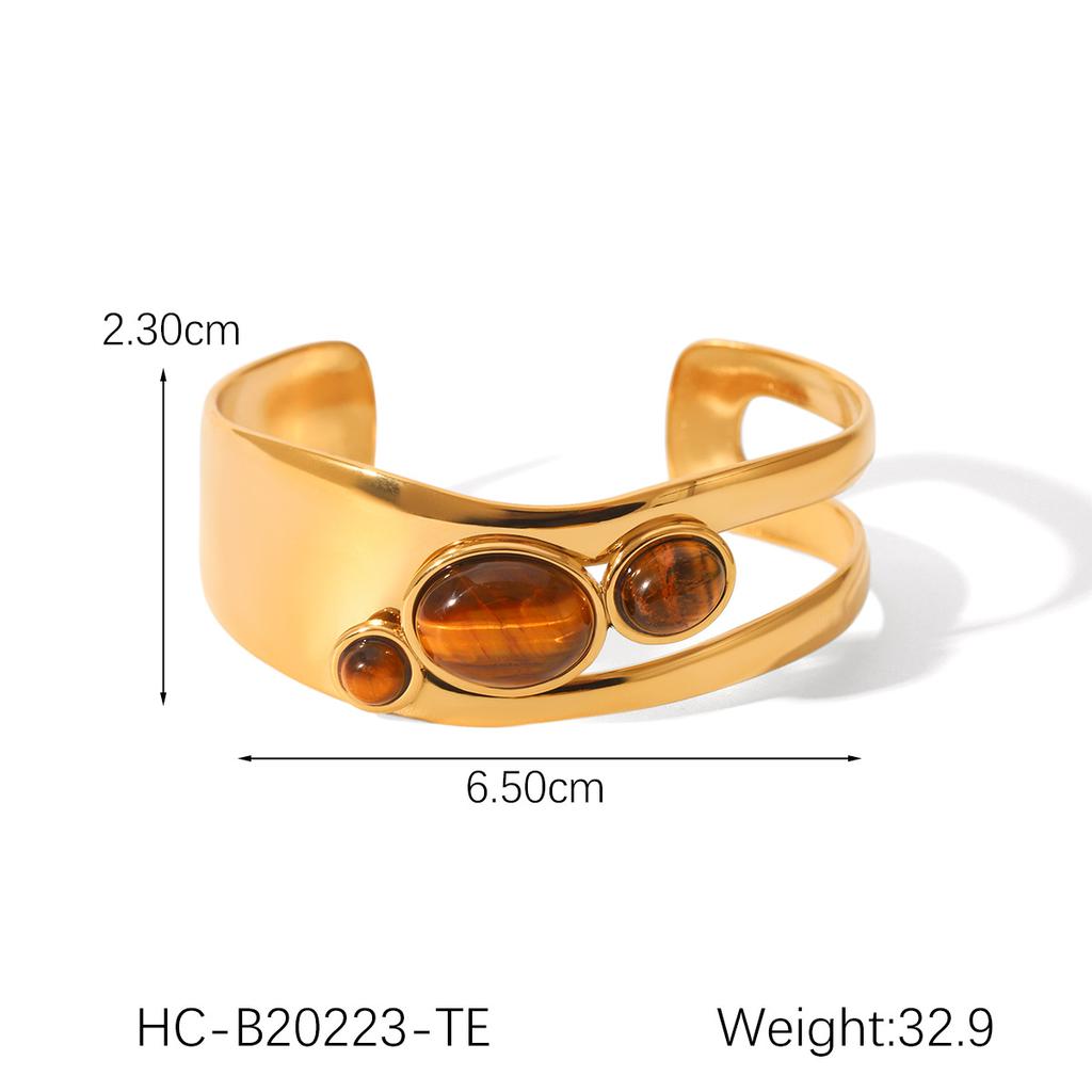 Hollow-out Stainless Steel Tiger Eye Open Bangle for Women, Pearl Bracelet, Titanium Steel Jewelry, Non-fading Accessory