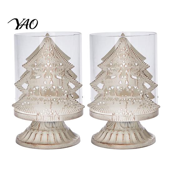 Boutique Shop Display 2Pcs Christmas Hollow Metal Candle Holder, Vintage Tabletop Tealight Lantern, Xmas Seasonal Atmosphere Light Elk, Tree,