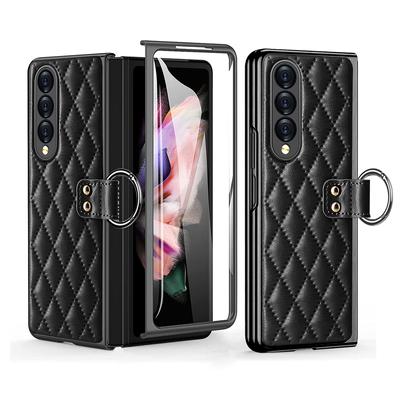 Rhombus Pu-Leder Galvanikrahmen Gehärtetes Glas Vollständiger Schutz Abdeckung für Samsung Galaxy Z Fold 4 3 Hülle mit Ring