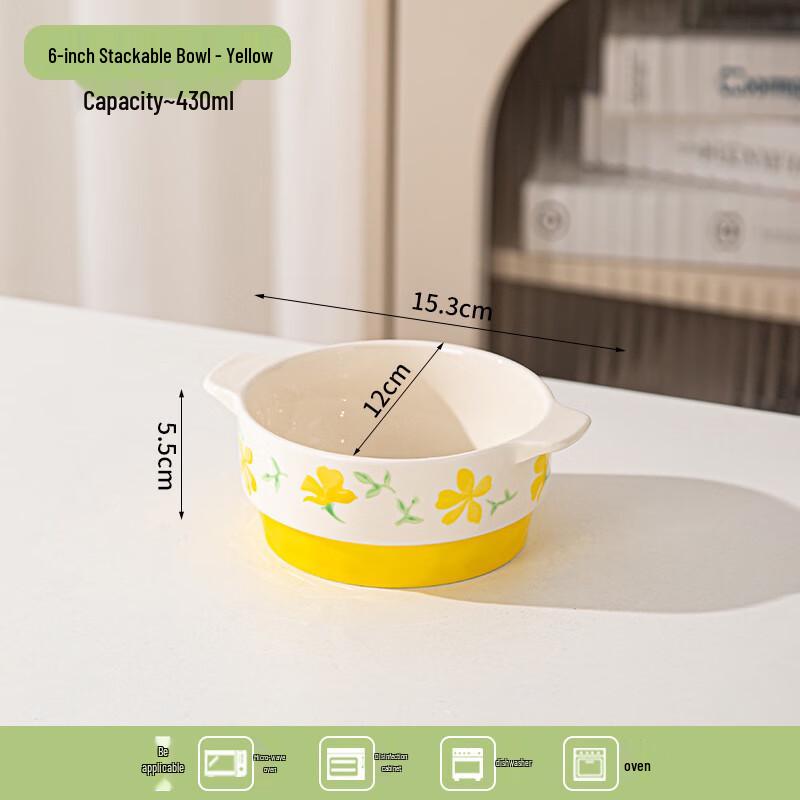 Peiersen 6-inch Underglaze Ceramic Double Handle Stackable Multipurpose Bowl