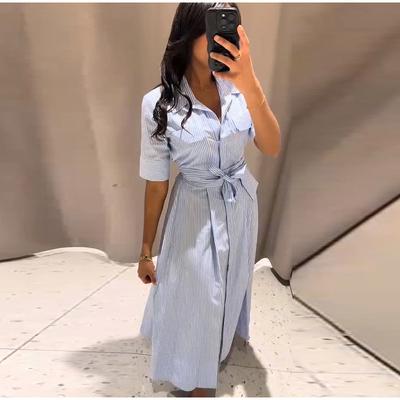 Γυναικείο Φόρεμα με Κολάρο Δεσμένο Ριγέ για Καθημερινή Χρήση Μπλε Ριγέ Φρέσκο Στυλ Καλοκαιρινό Νέο Στυλ Τετράγωνο Διακόσμηση με Ζώνη Γυναικείο Φόρεμα Αναψυχής