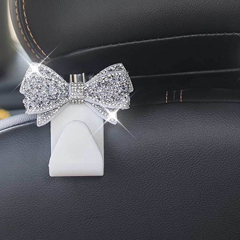 Car Headrest Hooks Shiny Rhinestone Bow Ornament Super Load Bearing Sturdy Universal Auto Hangers for Groceries Handbags Clothes
