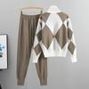 Fashion Women's Casual Knitted Plaid Sweater + Pants Suit Two-piece Set
