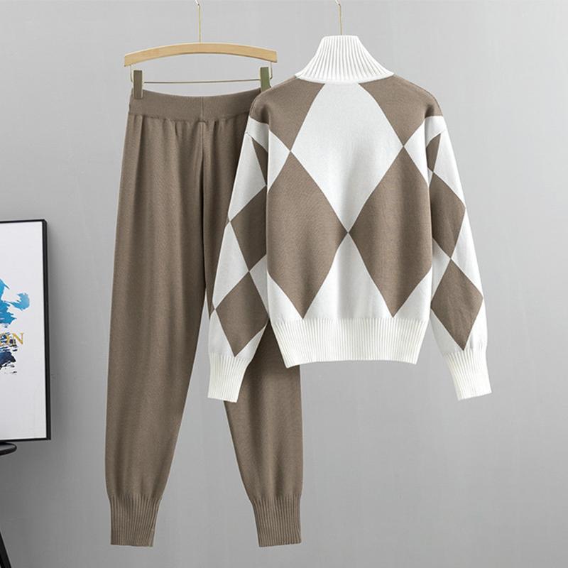 Fashion Women's Casual Knitted Plaid Sweater + Pants Suit Two-piece Set