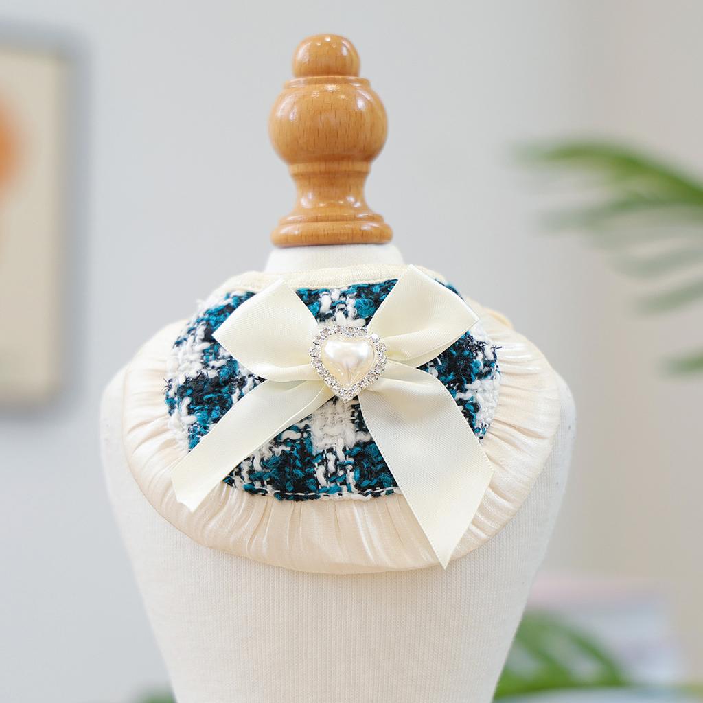 Luxury Tweed Cat Dress Bow Hair Clip + Pearl Necklace + Layer Tulle Skirt Outfit, Elegant Princess Pet Clothes for Dogs Cats