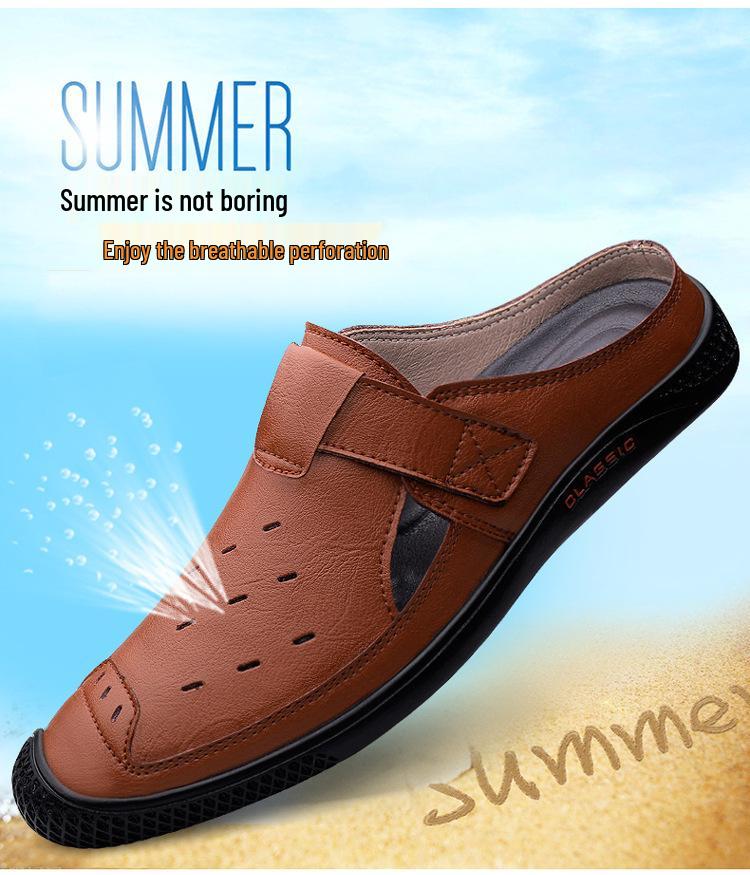 Men's Plus Size Breathable Cowhide Backless Slippers: Summer Hollow Design