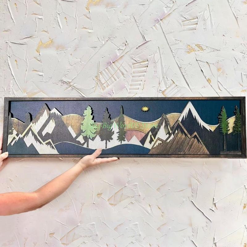 24TE Decorazione Artistica da Parete in Legno Fatta a Mano Tema Montagna Immagine Paesaggio 3D