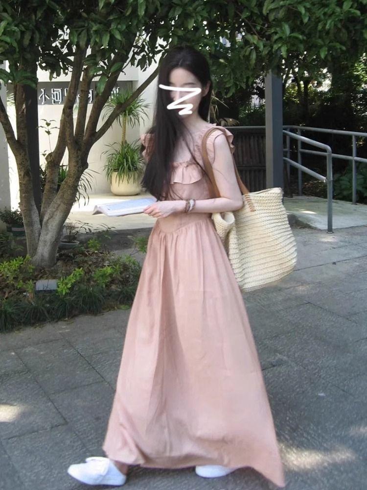 

New French temperament gentle wind lotus leaf edge square collar suspender dress women s summer sweet vacation dress XL рожевий