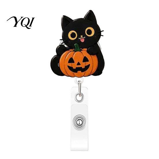 Badge Clip for Work Clothes Halloween Black Cat Pumpkin Reel, Retractable with 360 Degree Rotating Clip, Acrylic Decorative Reel ID Card Holder