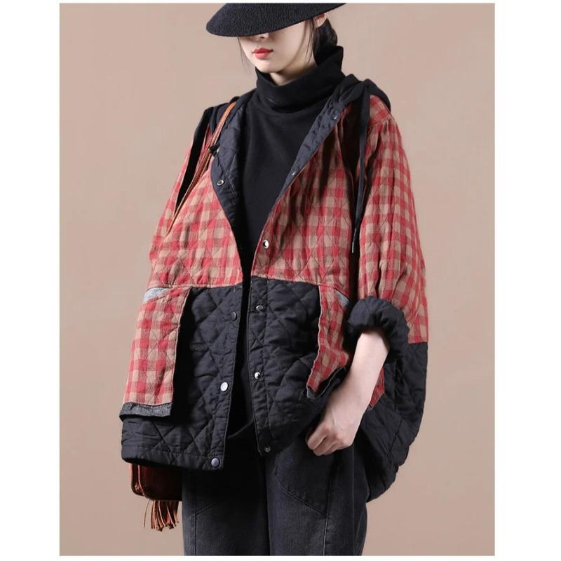 2024 Winter Fashion Padded Coats Chinese Womens Loose Hooded Warm Plaid Jackets Ladies Casual Vintage Luxury Outerwear