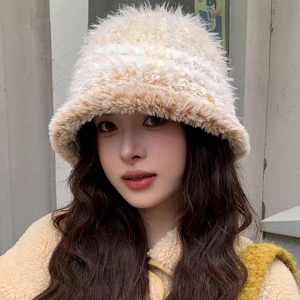 Korean Style Women's Plush Color Block Bucket Hat - Warm Ear Protection, Trendy and High-Quality Woolen for Fashionable Outings