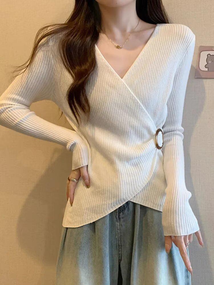 

Женский трикотаж больших размеров с неровным краем - Длинный рукав, Прямое плечо, Лестный крой для ранней осени XL белый