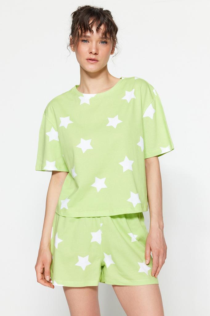 Women's Fashion New Pajama Set Light Pink 100% Cotton Star Patterned Tshirt-Shorts Knitted Pajama Set