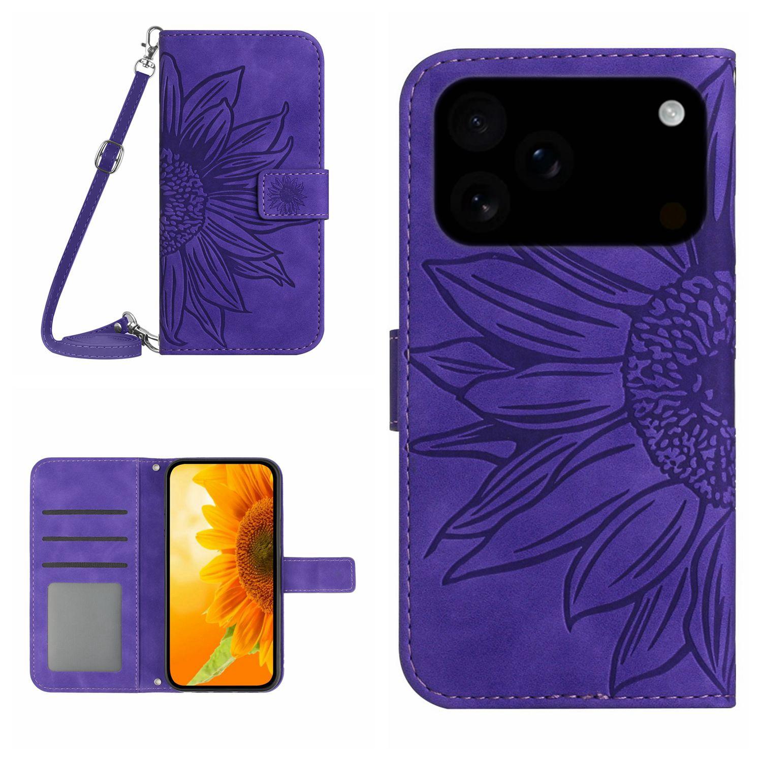 

For iPhone 17 Pro Max Case Sunflower Imprint PU Leather Phone Cover with Long Strap Dark Purple
