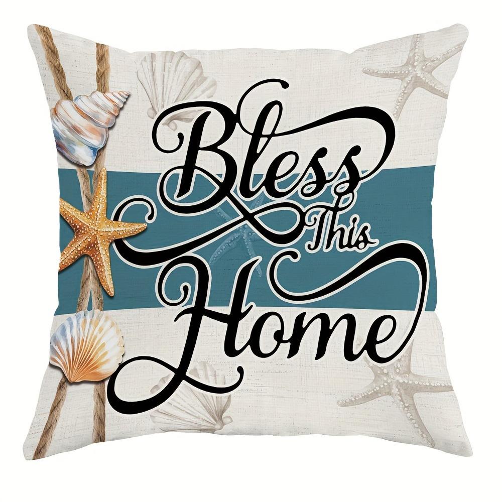 

Coastal-inspired Spring Blessing Pillow Cover, shell, starfish, seaweed Bless This Home design, sofa and chair cushion cover 16x16Inch