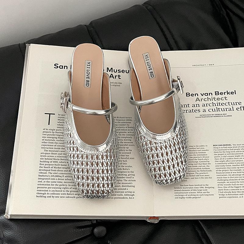 Simple retro mesh one-word pointed head thick heel high heel slippers summer temperament woven versatile soft sole sandals women's shoes