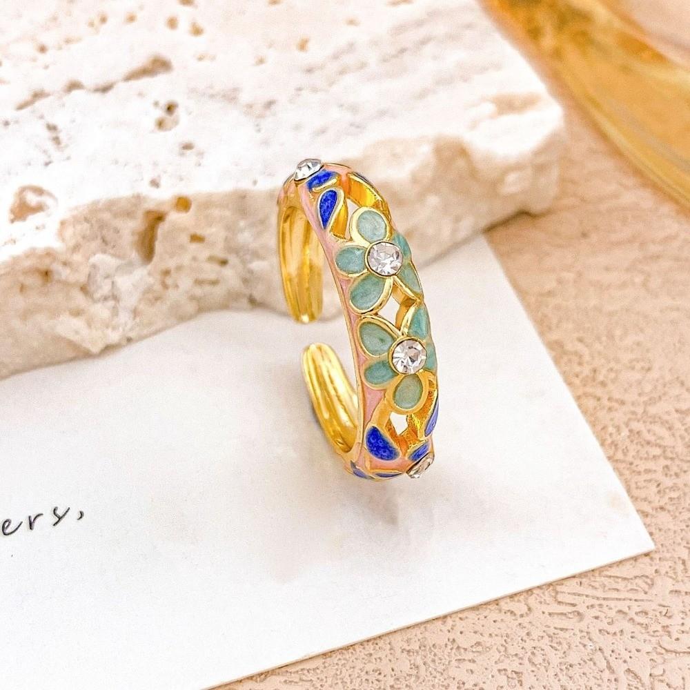 Classic Vintage Geometric Rings Engraved Gold Plated Ring Colorful Enamel Flower Rings  Engagement