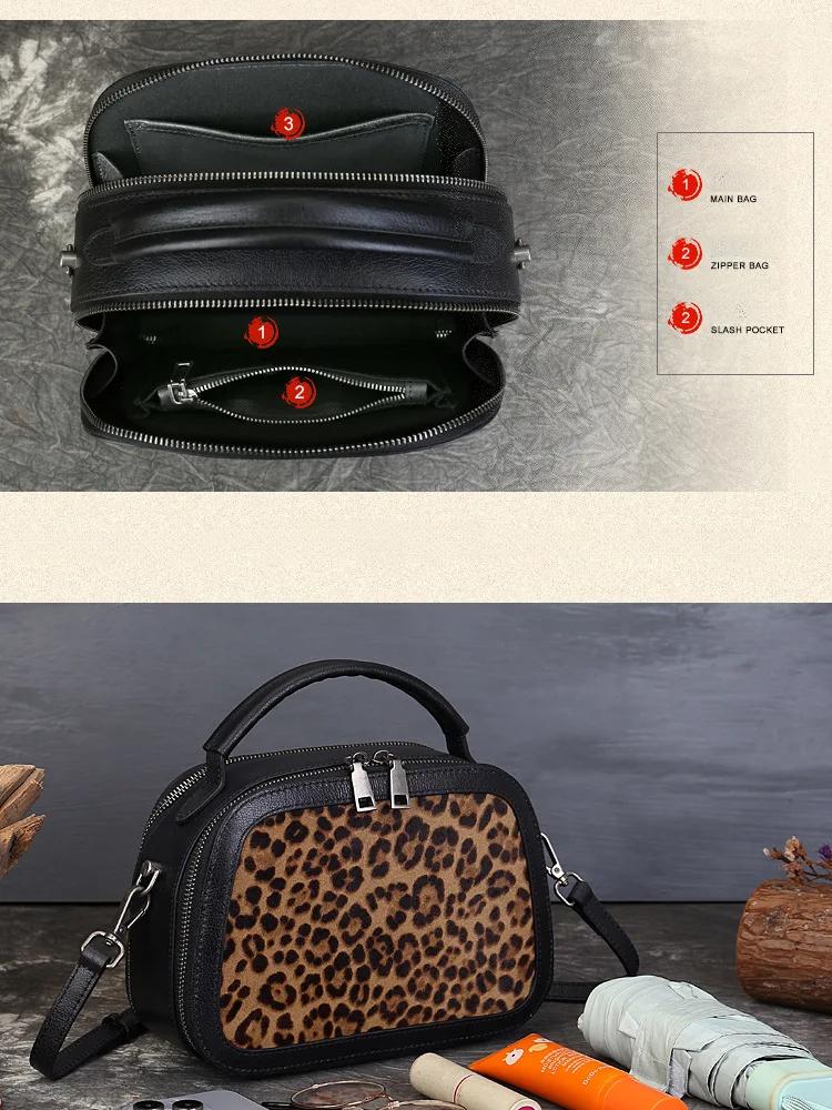 Johnature Fashion Leopard Pattern Women's Bag Genuine Leather Splice Horse Hair Handbag Versatile Shoulder Bags