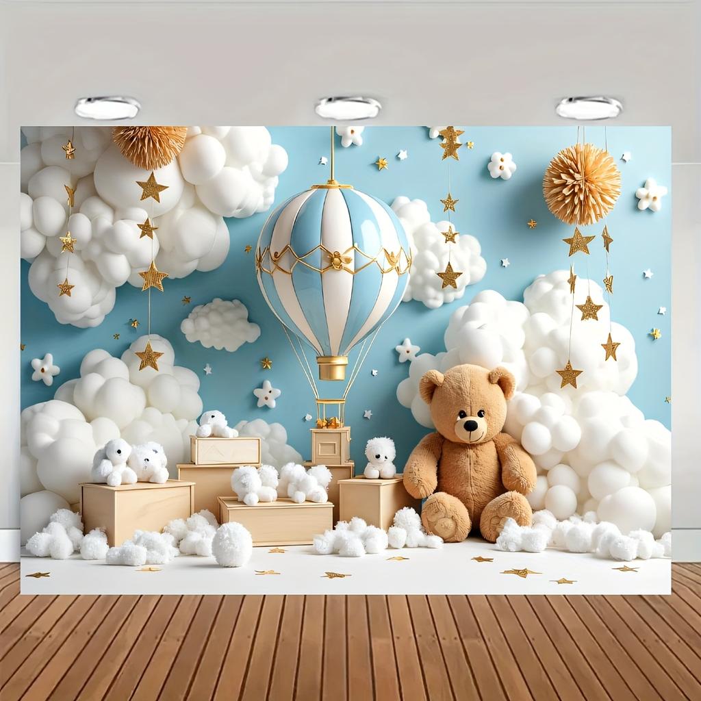 1pc polyester hot air balloon and bear-themed party background - perfect for birthday graduation and check-in celebrations