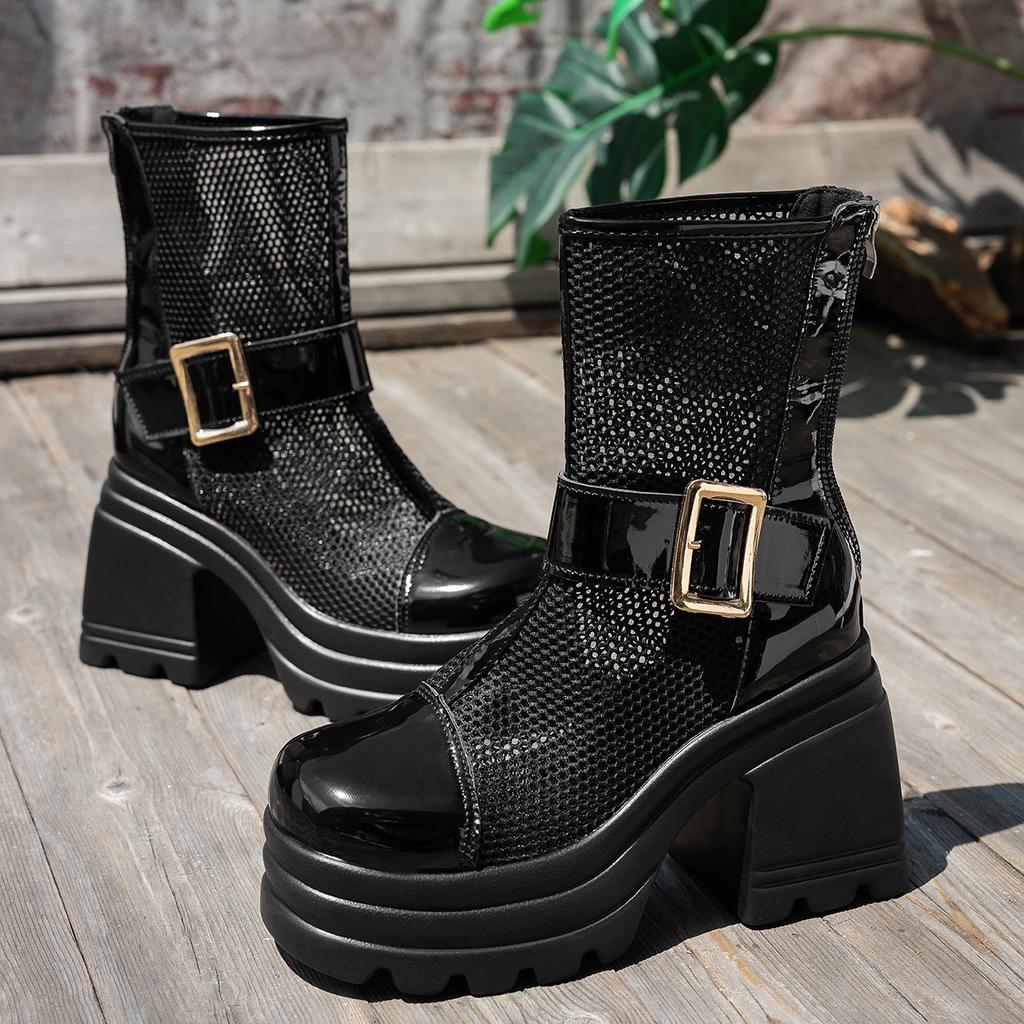 Fashion Women High Top Roman Ankle Boots Summer New Round Toe Mesh Breathable Shoes Women Cutout Zipper Metal Buckle Non-Slip Boots
